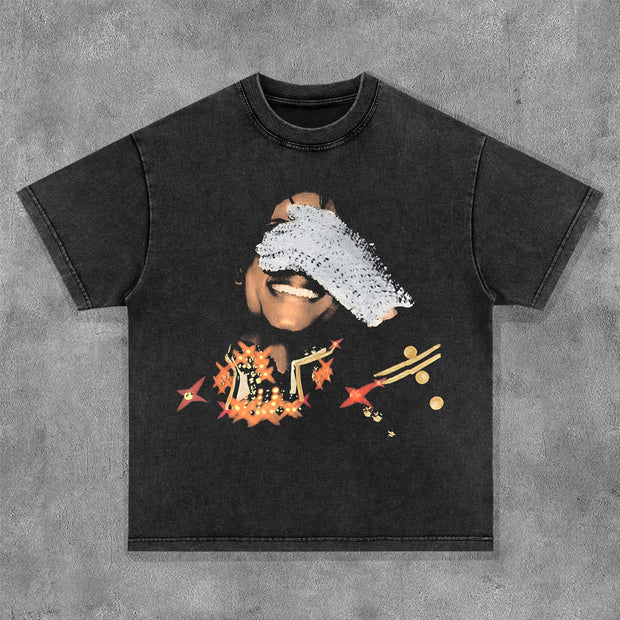 Rapper Print Washed Short Sleeve T-Shirt
