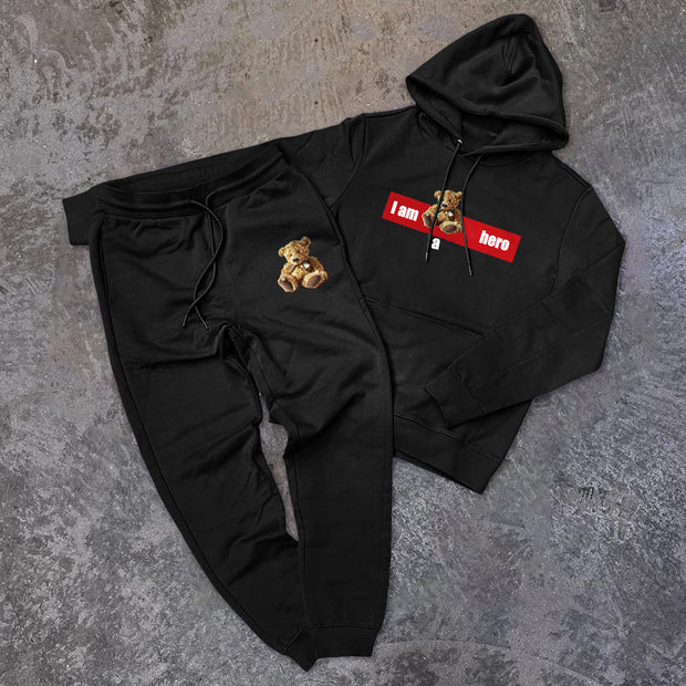Vintage Bear Print Hoodie Sets