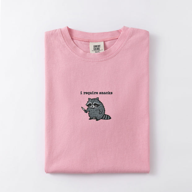 I Require Snacks Embroidered Raccoon T-shirt