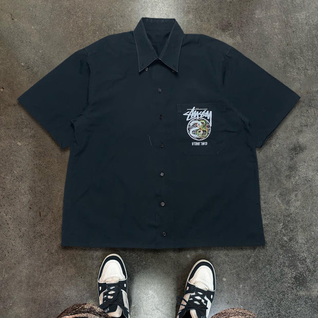 Letters Dragon Print Button Short Sleeve Shirt