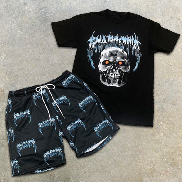 Skull Graphic Print Short Sleeve Slogan Shorts Two-Pack