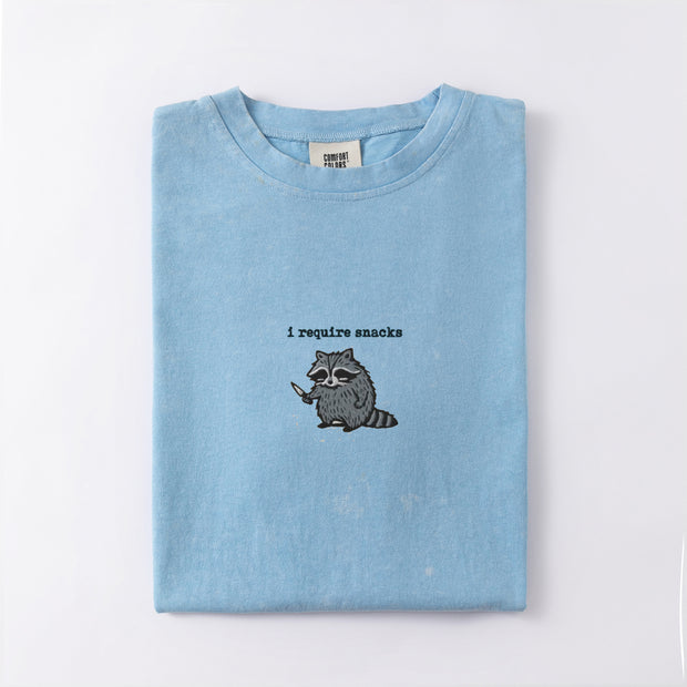 I Require Snacks Embroidered Raccoon T-shirt