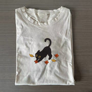 Cat Pouncing Leaves Embroidered T-shirt