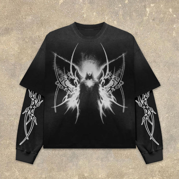 Fake Two Glowing Angel Print Long Sleeve T-Shirt