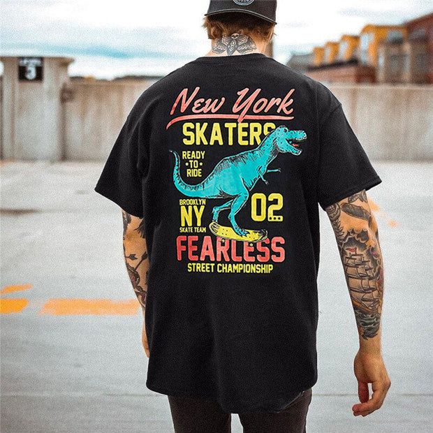 Hip Hop Dinosaur Print Round Neck Short Sleeve T-Shirt