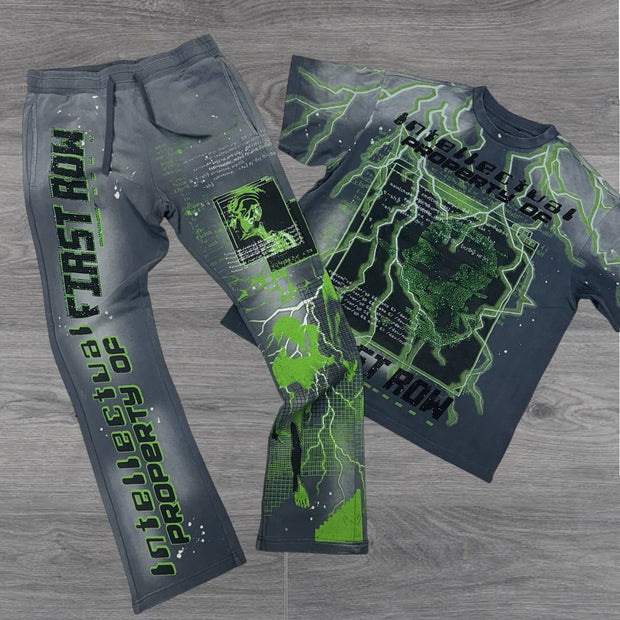 Lightning casual street retro washed trousers T-shirt two-piece set