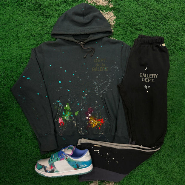 Ink Contrast Color Print Two Piece Hoodie Set