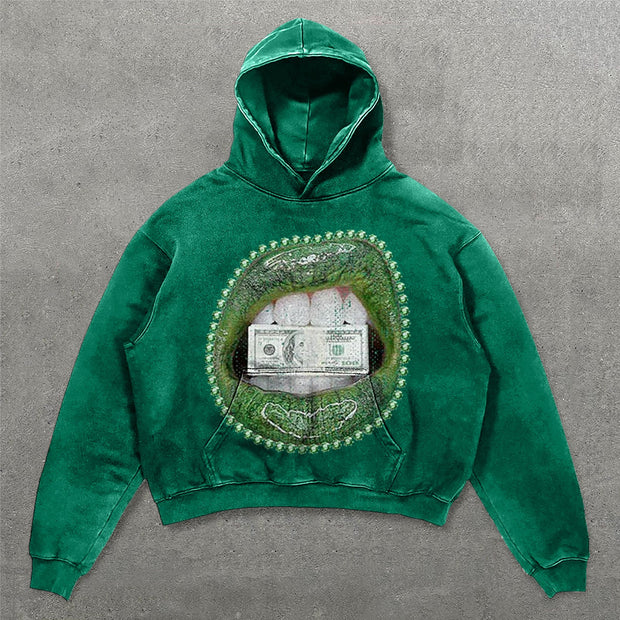Mouth Money Print Long Sleeve Hoodies