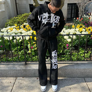 Zipper Hoodie Flare Sweatpants Print Two Piece Set
