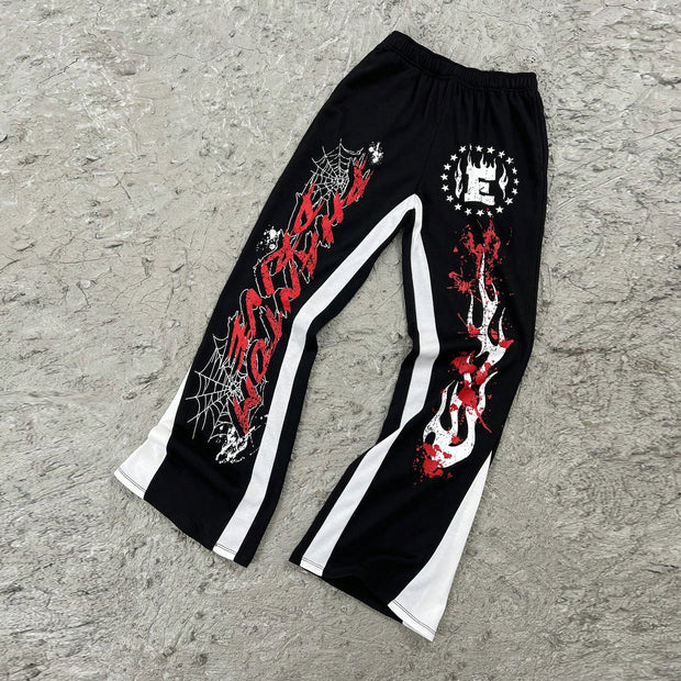 Flame Spider Web Print Contrast Flared Pants