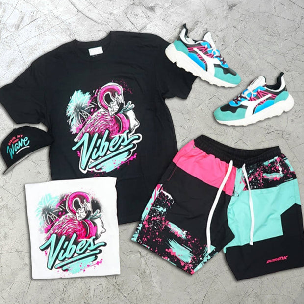 Flamingo Print Colorblock Short Sleeve Two Piece