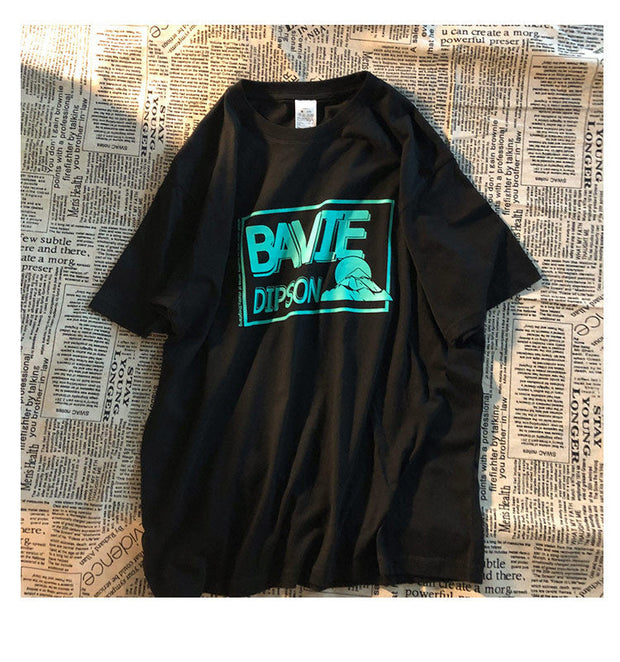 BLACK loose print short-sleeved t-shirt