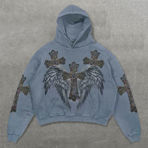 Cross Wings Print Long Sleeve Hoodies