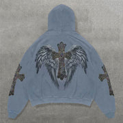 Cross Wings Print Long Sleeve Hoodies