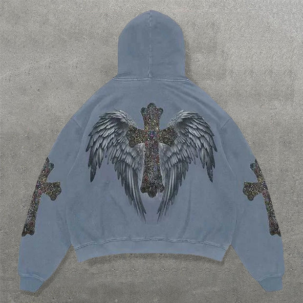 Cross Wings Print Long Sleeve Hoodies