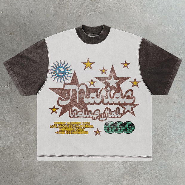 Los Angeles printed casual street splicing cotton T-shirt