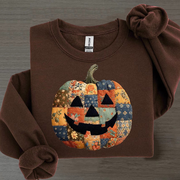Retro Patchwork Halloween Pumpkin Sweatshirt