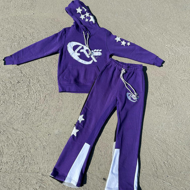 Retro personality contrasting pattern hoodie set