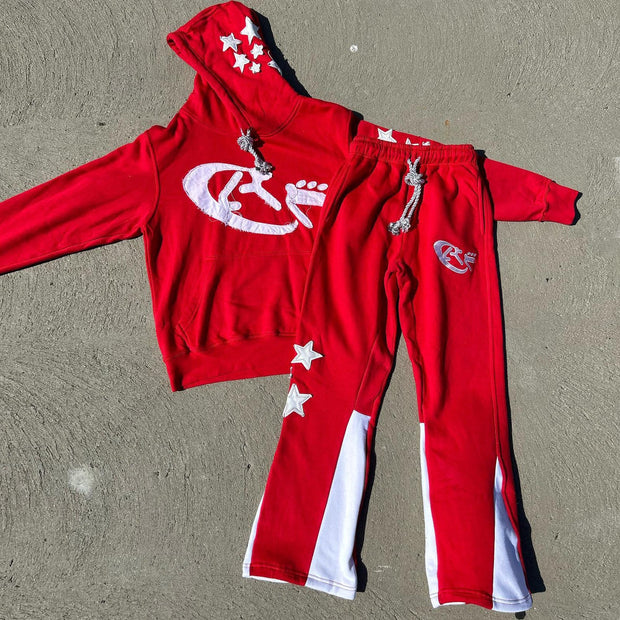 Retro personality contrasting pattern hoodie set