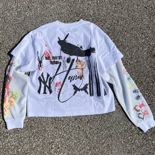 Fake two casual street hip-hop graffiti long-sleeved T-shirt
