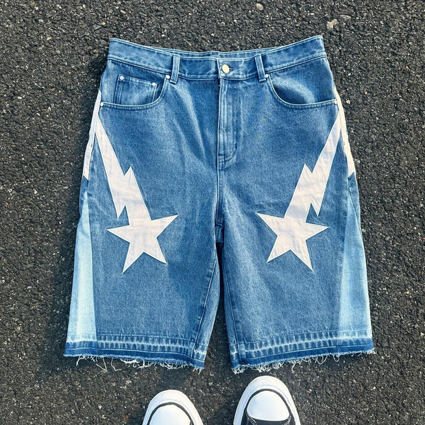 Lucky Star Casual Street Retro Stitching Short Denim