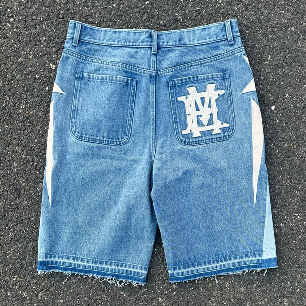 Lucky Star Casual Street Retro Stitching Short Denim