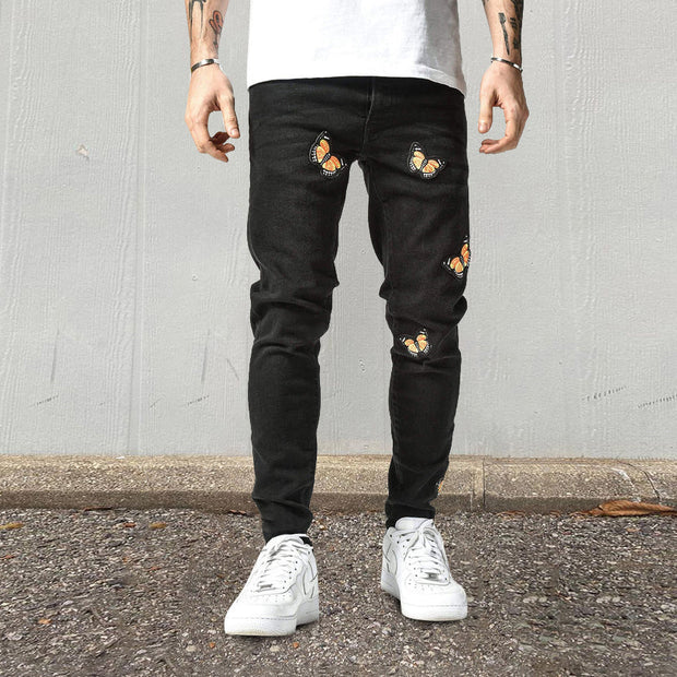 Butterfly pattern personalized street pencil pants jeans