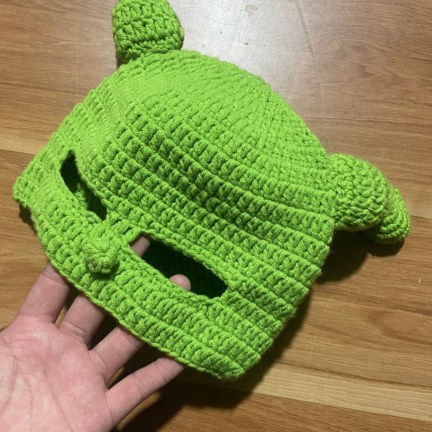 Shrek handmade woolen knitted hat funny hat hood green hat
