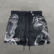 Trophies Print Zipper Pocket Mesh Drawstring Shorts
