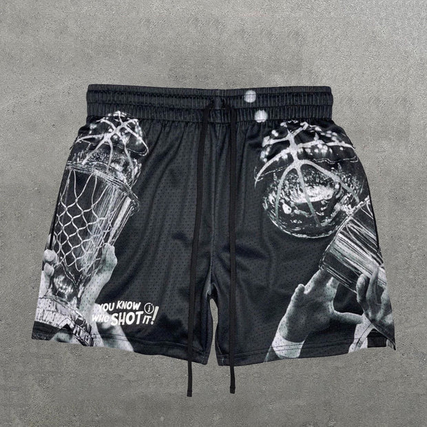 Trophies Print Zipper Pocket Mesh Drawstring Shorts