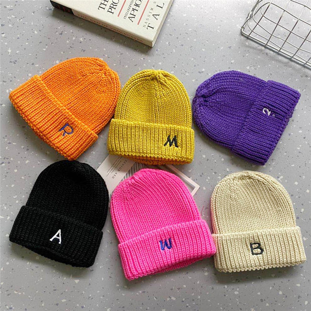 Letter embroidered woolen warm ear protection knitted hat