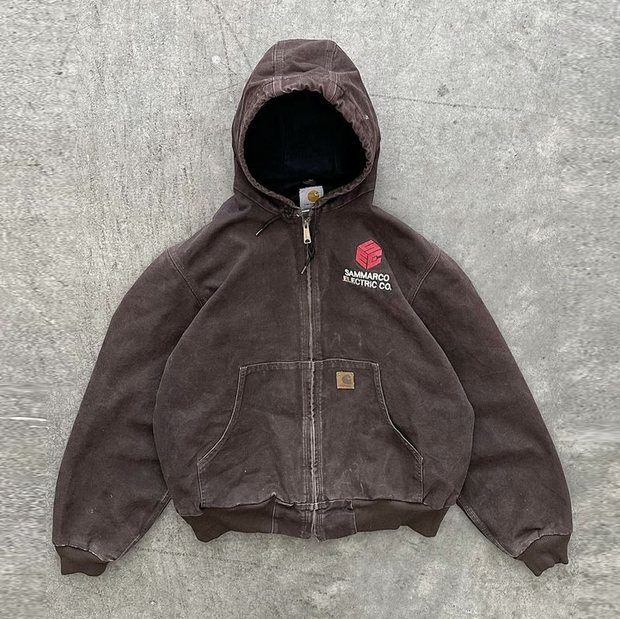 Vintage distressed print zippered fleece jacket