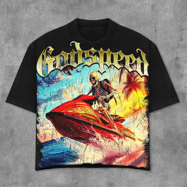 Fashion Sea Speedboat Print Short Sleeve T-Shirt