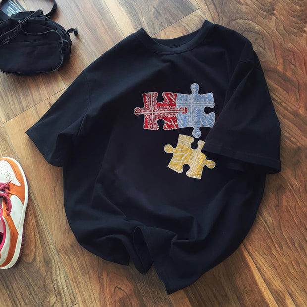 Personalized puzzle print short-sleeved T-shirt