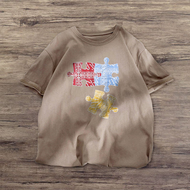 Personalized puzzle print short-sleeved T-shirt
