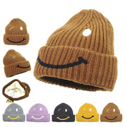 Smiley face knitted hat plus velvet thickened earmuffs woolen cap embroidery cold hat women