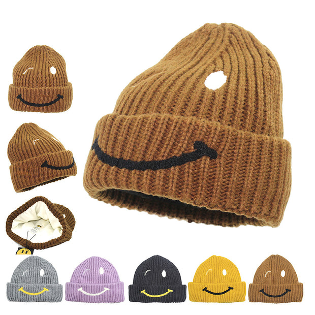 Smiley face knitted hat plus velvet thickened earmuffs woolen cap embroidery cold hat women