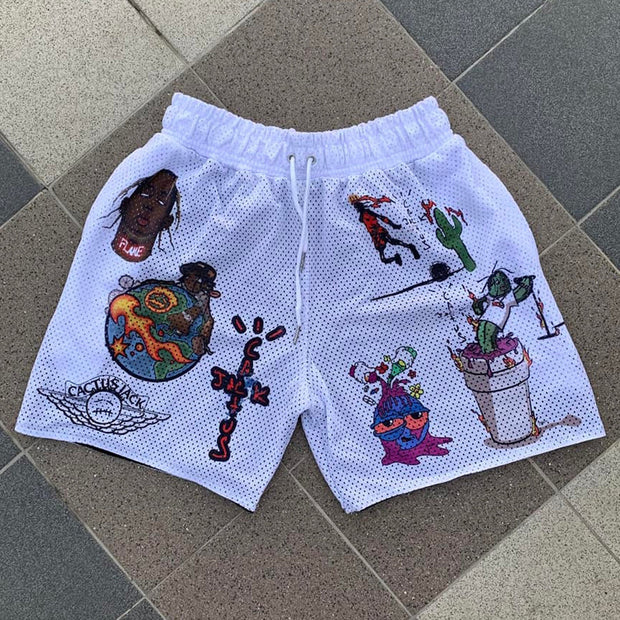 Hip-hop graffiti casual street retro skateboard mesh shorts