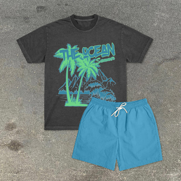 Vintage Street Print Short Sleeve Shorts Set