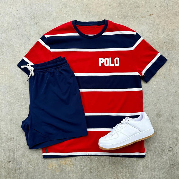 Fashion casual striped preppy round neck T-shirt shorts set
