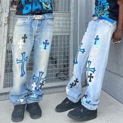 Personality Cross Print Denim Trousers