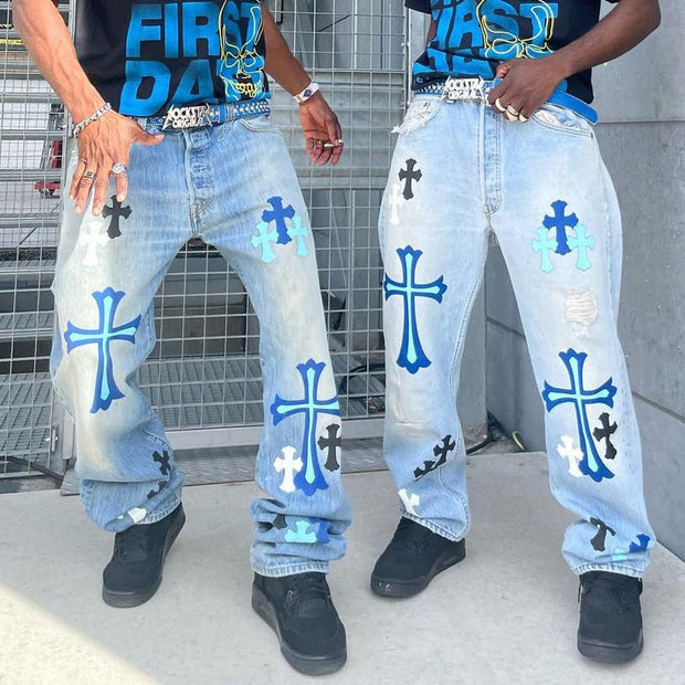 Personality Cross Print Denim Trousers