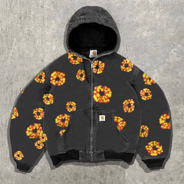 Vintage print distressed fleece jacket