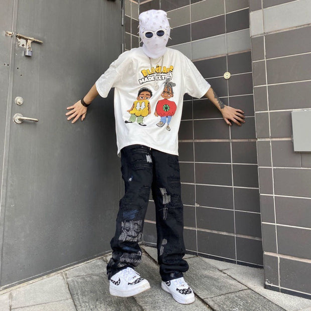 High street hole knife cut jeans men's dark black loose straight black design sense of drape nine-point pants