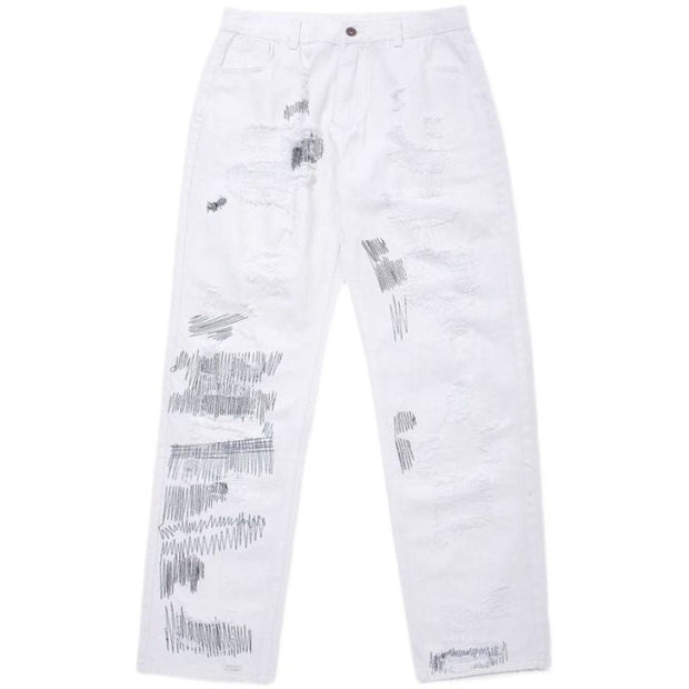 High street hole knife cut jeans men's dark black loose straight black design sense of drape nine-point pants