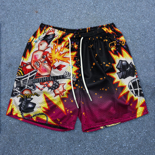 Fashion cartoon flame pattern mesh shorts