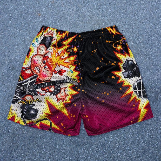 Fashion cartoon flame pattern mesh shorts