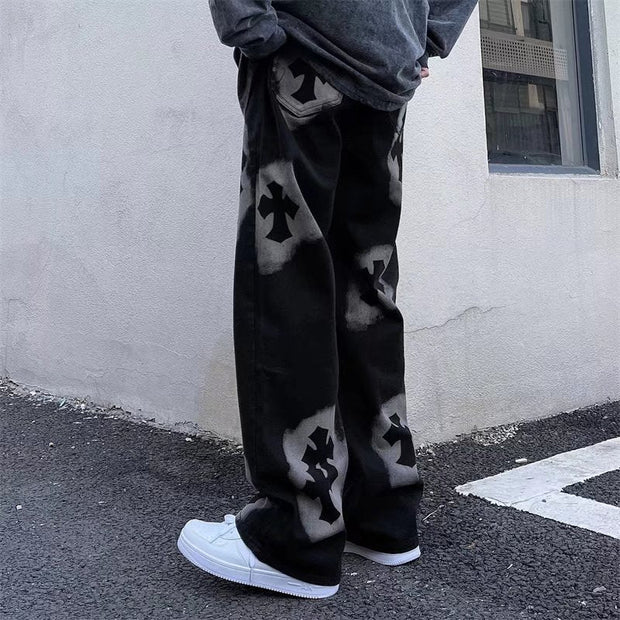 Trendy high street vibe style cross print jeans