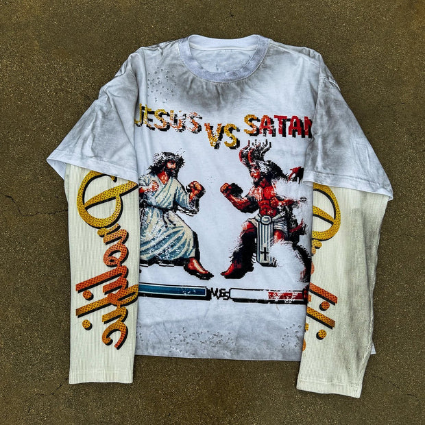 Jesus vs Saints Casual Street Vintage Long Sleeve T-Shirt