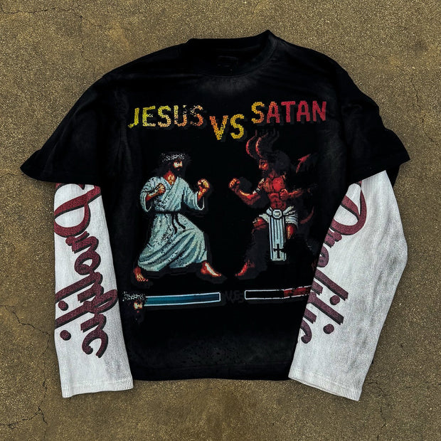Jesus vs Saints Casual Street Vintage Long Sleeve T-Shirt
